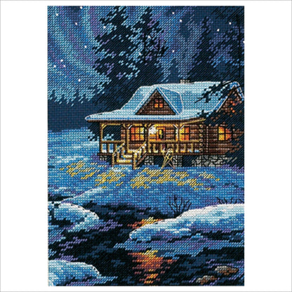 Dimensions Gold Collection Petite Moonlit Cabin Counted Cross Stitch Kit, 5" x 7"