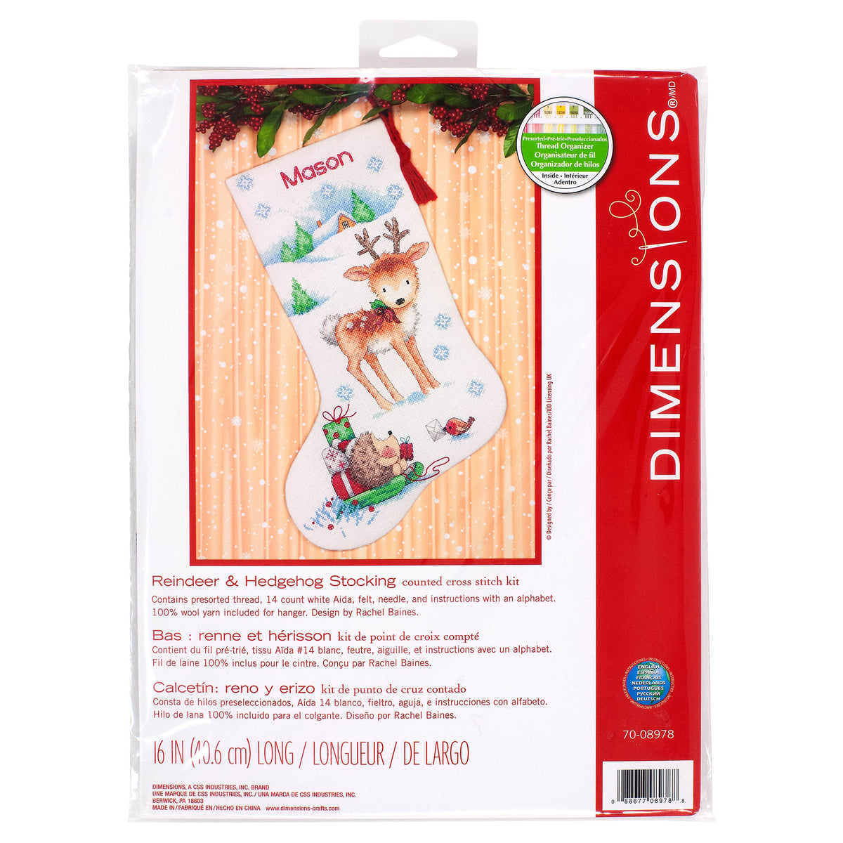 Dimensions Reindeer & Hedgehog Stocking Counted Cross Stitch Kit, 16" long