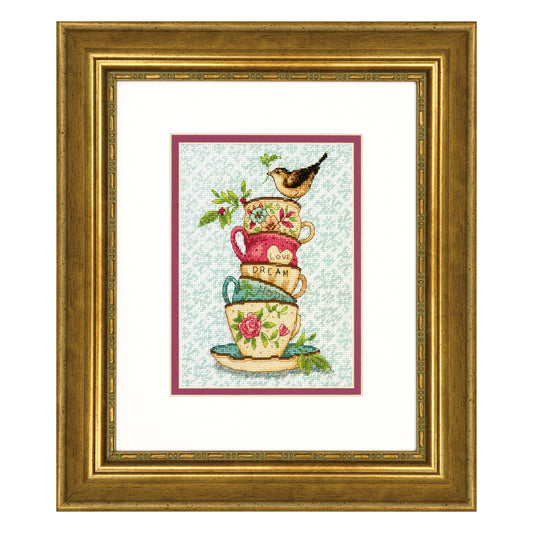 Dimensions Gold Collection Petite Stacked Tea Cups Counted Cross Stitch Kit, 5" x 7"