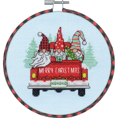 Dimensions Red Truck Gnomes Counted Cross Stitch Kit, 6" diameter