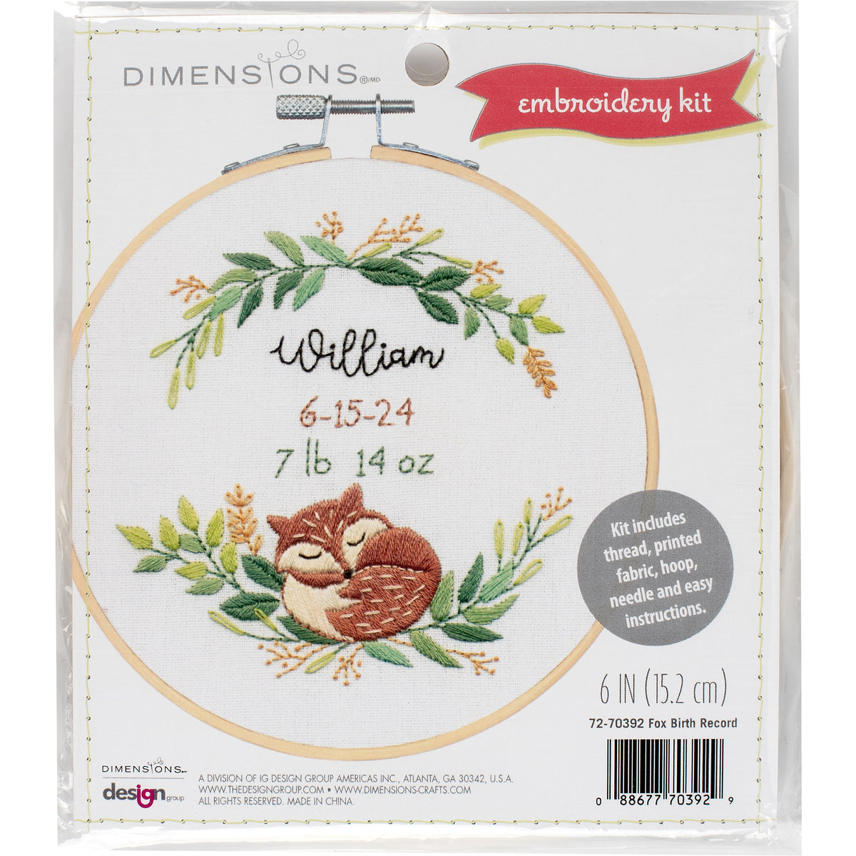 Dimensions Fox Birth Record Embroidery Kit, 6" diameter