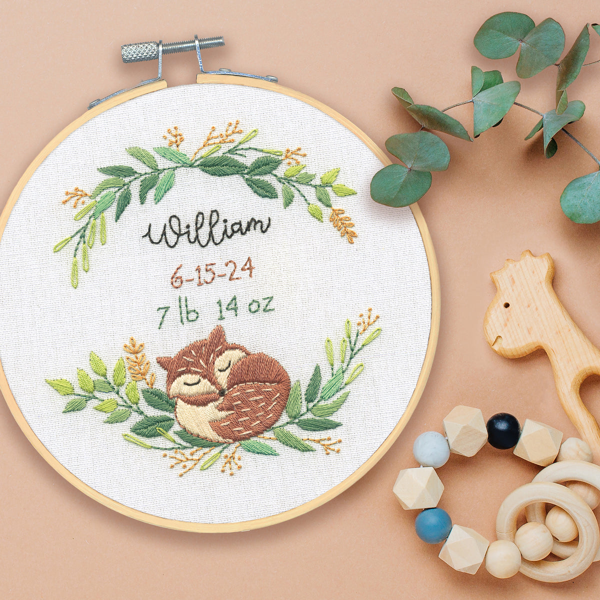 Dimensions Fox Birth Record Embroidery Kit, 6" diameter