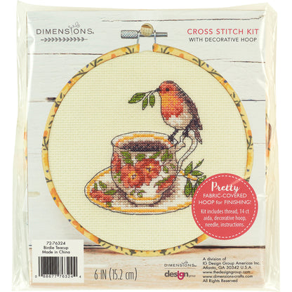 Dimensions Birdie Teacup Counted Cross Stitch Kit, 6" diameter