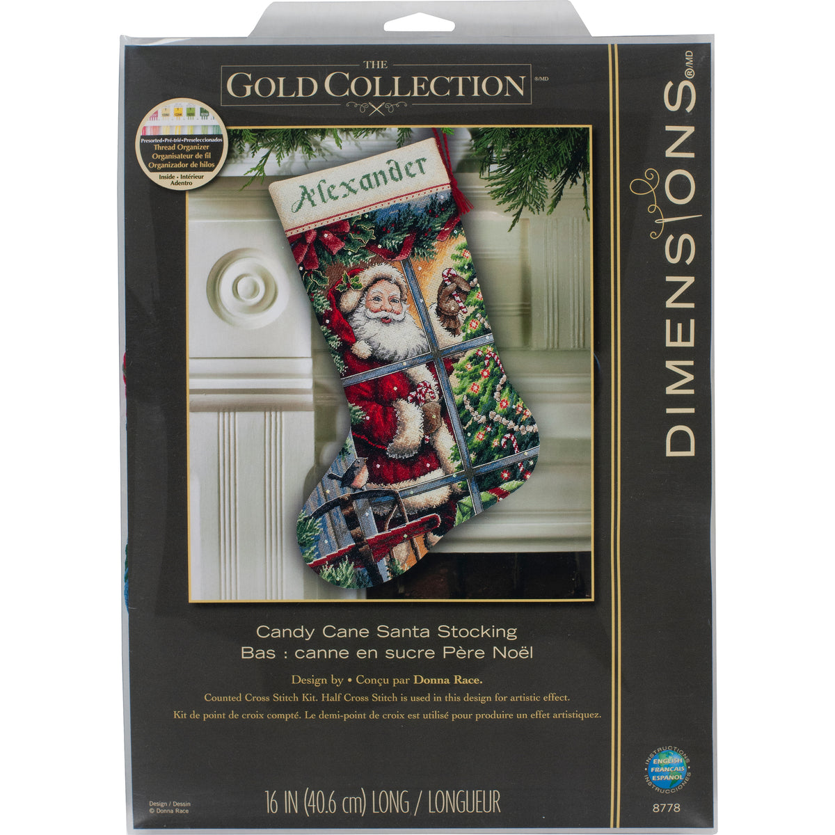 Dimensions Gold Collection Candy Cane Santa Stocking Counted Cross Stitch Kit, 16" long