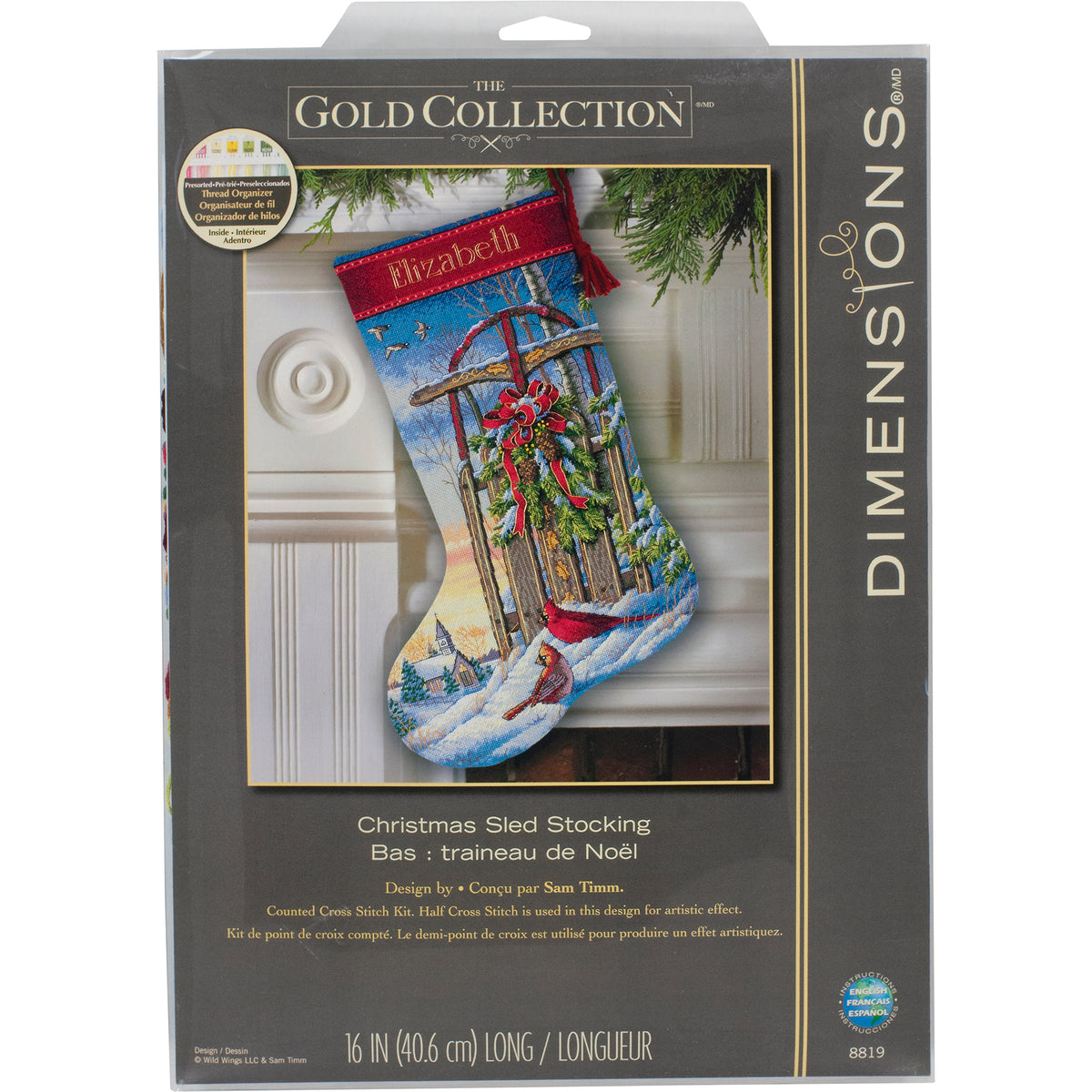 Dimensions Gold Collection Christmas Sled Stocking Counted Cross Stitch Kit, 16" long