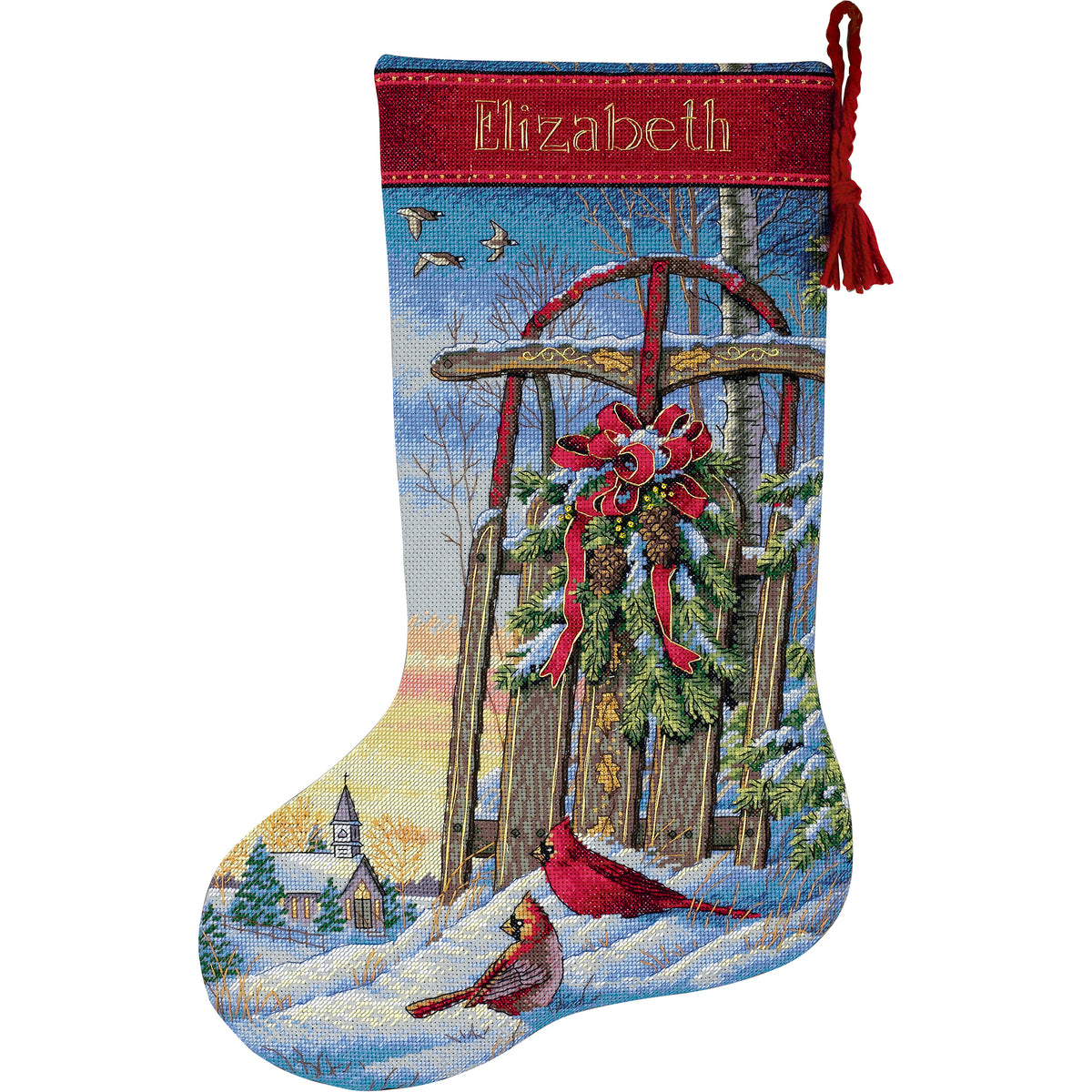 Dimensions Gold Collection Christmas Sled Stocking Counted Cross Stitch Kit, 16" long