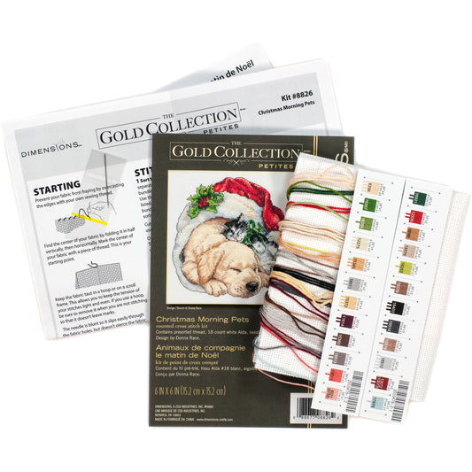 Dimensions Gold Collection Petite Christmas Morning Pets Counted Cross Stitch Kit, 6" x 6"