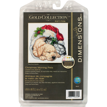 Dimensions Gold Collection Petite Christmas Morning Pets Counted Cross Stitch Kit, 6" x 6"