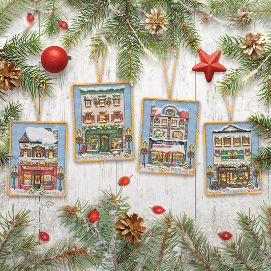 Dimensions Gold Collection Winter Village Ornaments Counted Cross Stitch Kit, Set of 4, 3.5" x 4.5" each