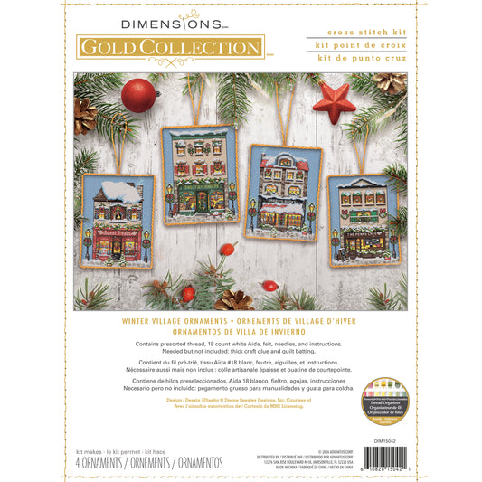 Dimensions Gold Collection Winter Village Ornaments Counted Cross Stitch Kit, Set of 4, 3.5" x 4.5" each